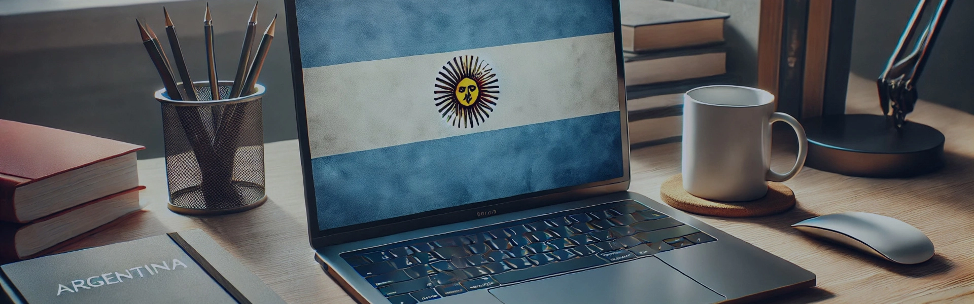 Escritorio con una Laptop con Fondo de Pantalla de la Bandera Argentina